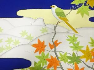 アンティーク　塩瀬手描き紅葉に鳥模様名古屋帯